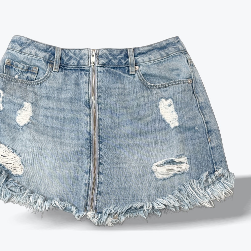 GARAGE DENIM Distressed Frayed Denim Skirt Mall-Core Y2K Zipper Front Jrs Size M